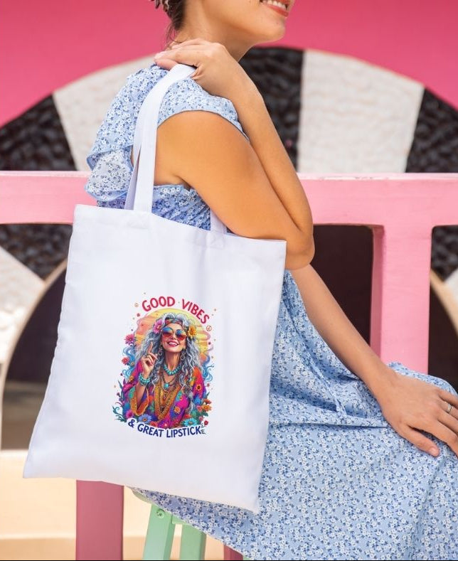 Personalised Boho Tote Bag – “Good Vibes & Great Lipstick”