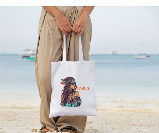 Personalised Boho Feather Girl Tote Bag – Custom Name Shopper
