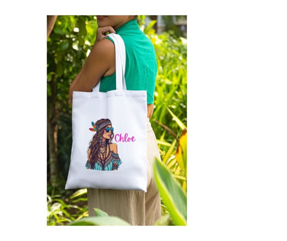 Personalised Boho Feather Girl Tote Bag – Custom Name Shopper