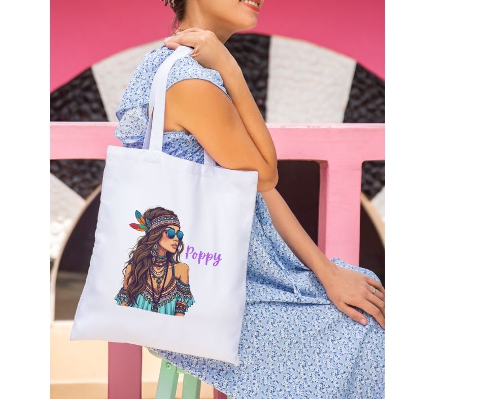 Personalised Boho Feather Girl Tote Bag – Custom Name Shopper