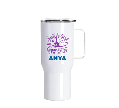 Personalised Gymnastics Stainless Steel Tumbler – 25oz with Handle | Just a Girl Who Loves Gymnastics Design