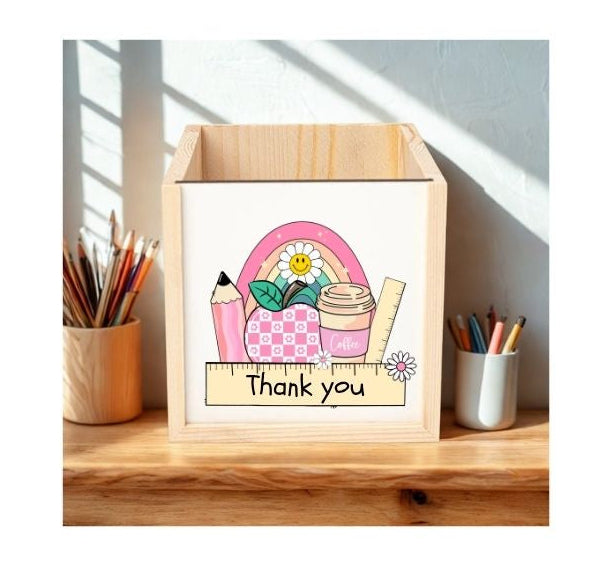 Personalised Wooden Pencil Pot – Colourful School Icons Design 🌈✏️