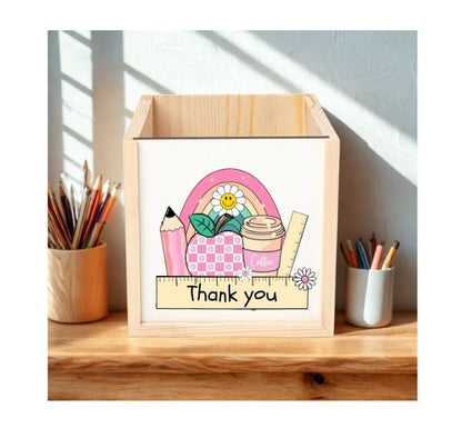 Personalised Wooden Pencil Pot – Colourful School Icons Design 🌈✏️