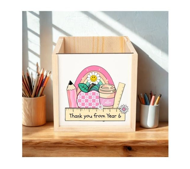 Personalised Wooden Pencil Pot – Colourful School Icons Design 🌈✏️