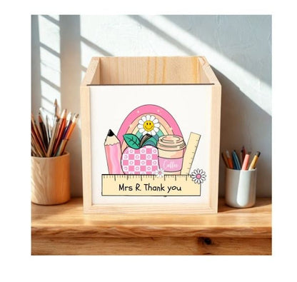 Personalised Wooden Pencil Pot – Colourful School Icons Design 🌈✏️