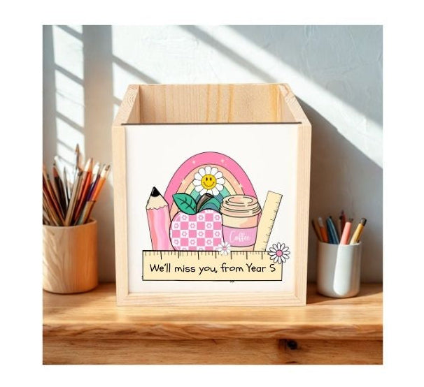 Personalised Wooden Pencil Pot – Colourful School Icons Design 🌈✏️
