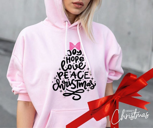Pink Christmas Hoodie – “Joy Hope Love Peace Christmas” Tree Design