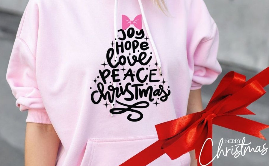 Pink Christmas Hoodie – “Joy Hope Love Peace Christmas” Tree Design