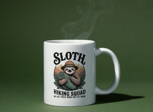 Sloth Hiking Squad Mug Funny Hiking Gift for Nature Lovers – “We Get There When We Get There” Sloth Drinkware  Outdoor Adventure Cup