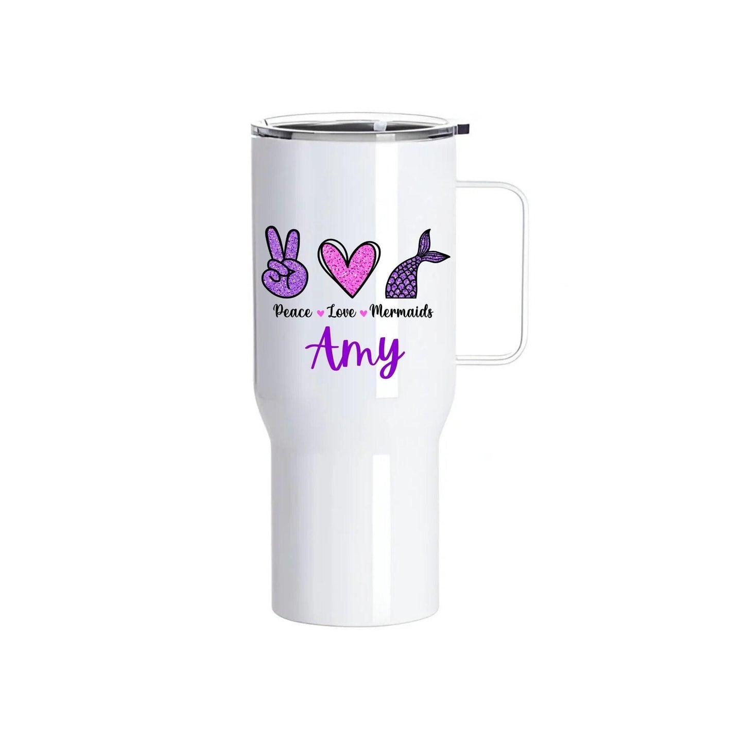 Personalised Mermaid Stainless Steel Tumbler with Handle – 25oz | Peace Love Mermaids Design